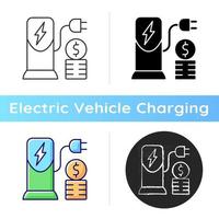 pictogram kosten opladen. bedrag betaald voor het opladen van de batterij van de elektromobiel. natuurlijke brandstof. ecologische manier van reizen. lineaire zwarte en rgb-kleurstijlen. geïsoleerde vectorillustraties vector