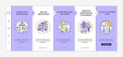 zelfregulering stimulerende tips onboarding vectorsjabloon. responsieve mobiele website met pictogrammen. webpagina walkthrough 5 stappen schermen. zelfcontrole kleurconcept met lineaire illustraties vector