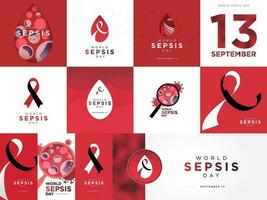 wereld sepsis dag mega reeks met 8 groet kaarten, 3 portret verhaal Sjablonen, 1 spandoek. 12 sepsis dag Sjablonen. gevierd september 13. bewustzijn lint, bloed druppel, virus. bewerkbare vector. eps 10. vector