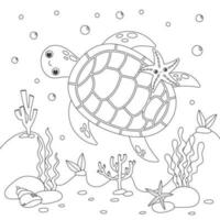 kleur bladzijde. weinig schattig zee schildpad zwemt onderwater- met bubbels en glimlacht. vector illustratie, kleur boek voor kinderen. tekening achtergrond. tekenfilm tekens