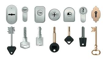 realistisch sleutels sleutelgaten deur sloten icoon reeks vector