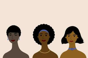 Dames verschillend huid kleuren en races in sieraden. Internationale dag voor mensen van Afrikaanse herkomst. vector illustratie Afrikaanse meisjes portretten, concept voor feministe, sociaal thema's.achtergrond voor tekst