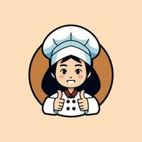 schattig chef meisje mascotte met duimen omhoog gebaar uitdrukking gemakkelijk vector logo illustratie