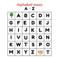 vectorillustratie. spel voor kleuters en schoolkinderen. alfabet doolhof. vind letters van a tot z vector