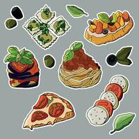 Italiaans voedsel sticker set. bruschetta, pizza, ravioli, parmigiana vector