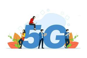 5g netwerk draadloze technologie concept. mensen staand en zittend in de buurt groot 5g teken en gebruik makend van smartphone gadgets. hoog snelheid mobiel internet verbinding. innovatie. vlak vector illustratie.