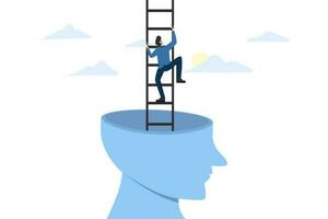 concept van overwinnen uw grenzen. uit van verstand. Gaan verder aan het leren. bereiken succes. op zoek voor nieuw uitdagingen. jong Mens beklimming ladder van reusachtig hoofd. vlak vector illustratie.