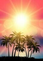 tropisch landschap met palm bomen aftekenen tegen een zonsondergang lucht vector
