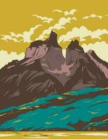 Torres del paine nationaal park van meer pehoe in Chili wpa kunst deco poster vector
