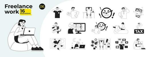 freelance werk monochroom concept vector plek illustraties bundel. hardwerkend en gefrustreerd 2d vlak bw tekenfilm tekens voor web ui ontwerp. geïsoleerd bewerkbare hand- getrokken held beeld verzameling