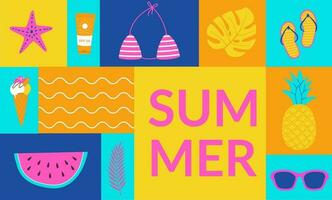 zomer achtergrond in meetkundig stijl. zomertijd poster banier, flyers ontwerp voor web, winkel, bar, reizen. golven, bikini, zeester, ananas, watermeloen vector illustratie