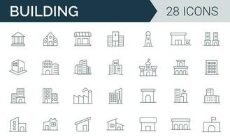 gebouw icoon set. pictogrammen net zo gebouwen, architectuur, bouw, echt landgoed, huis, kantoor, en kasteel schets vector