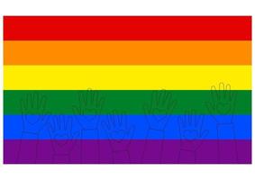 lhbt-vlag. opgeheven handen van mensen met harten in kaderstijl. sjabloonontwerp, vectorillustratie. liefde wint. LGBT-logosymbool in regenboogkleuren. gay pride textiel achtergrond vector