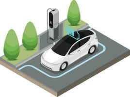 ev elektrisch auto hou op Bij opladen station ecologie besnoeiing binnen tonen accu concept isometrische geïsoleerd vector