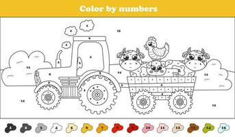 kleur door getallen bladzijde met trekker en boerderij dieren - koeien, varken en kip, afdrukbare werkblad voor kinderen vector