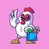 schattig kip boodschappen boodschappen doen tekenfilm vector icoon illustratie. dier voedsel icoon concept geïsoleerd premie vector. vlak tekenfilm stijl