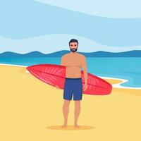 jong Mens surfer met surfboard staand Aan de strand. glimlachen surfer jongen. vector illustratie.