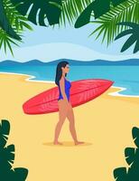 jong brunette wandelingen met een surfboard naar de zee. vector illustratie.