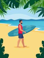 jong Mens wandelingen met een surfboard naar de zee. vector illustratie.