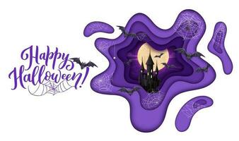 halloween papier snee, middernacht kasteel, vliegend vleermuizen vector