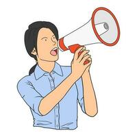 illustratie van vrouw schreeuwen luid met hand- spreker vector