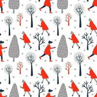 naadloos patroon van mensen in rood kleren en grijs bomen.winter naadloos vector in blauw, rood en grijs kleuren voor nieuw jaar het drukken Aan textiel of verpakking.