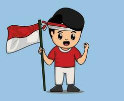 schattig jongen Holding Indonesisch vlag tekenfilm vector illustratie