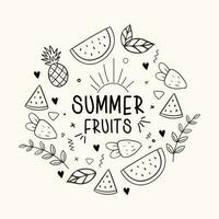 hand- getrokken zomer fruit kader met watermeloen en aardbei vector
