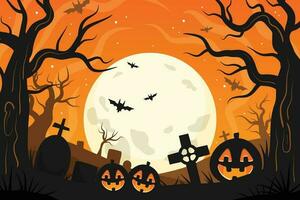 halloween kaart sjabloon met vol maan, spookachtig kasteel, pompoenen en vleermuizen. vector