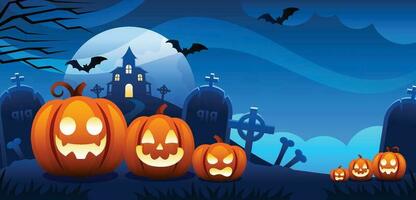 halloween pompoenen, spookachtig bomen en achtervolgd huis met maanlicht Aan oranje achtergrond. vector