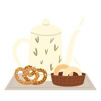 theepot met pretzels en donuts in dienblad vector