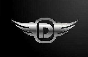 d letter logo alfabet voor bedrijf en bedrijf met vleugels en zilveren kleur. bedrijfsbelettering en brading met metalen design icoon vector