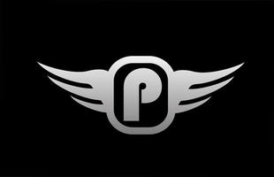 p alfabet letter logo voor bedrijf en bedrijf met vleugels en zwart-wit grijze kleur. corporate brading en belettering icoon met eenvoudig ontwerp vector