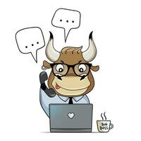 schattig stier werken in de kantoor met een laptop. tekenfilm stier antwoorden oproepen en berichten. vector illustratie