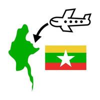 Myanmar reizen icoon. Myanmar kaart, vliegtuig en Myanmar vlag. vector. vector