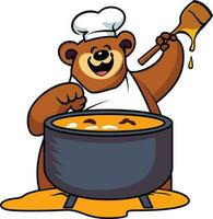 beer chef vervelend een koks hoed en schort enthousiast roeren een groot pot van honing gebaseerd schotel tekenfilm vector beeld