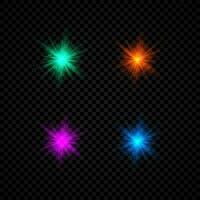licht effect van lens fakkels. reeks van vier groente, rood, Purper en blauw gloeiend lichten starburst Effecten met sparkles Aan een donker vector