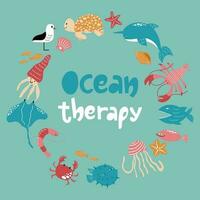 oceaan behandeling hand getekend samenstelling omringd door kleurrijk zee dieren. vector