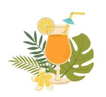 kokosnoot of sap glas met tropisch bladeren vector illustratie. tekenfilm zomer gezond verkoudheid drinken Aan wit achtergrond. veganistisch menu