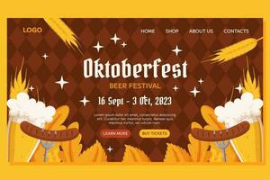 oktoberfeest Duitse bier festival landen sjabloon ontwerp. ontwerp met glas van bier, vorken met gegrild worst, tarwe en bladeren, zwart en geel guirlande. ruit patroon Aan terug vector