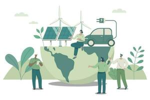 eco vriendelijk duurzaam, wind turbine en elektrisch auto opladen station conserveert natuur, schoon groen energie van hernieuwbaar bronnen concept. vector