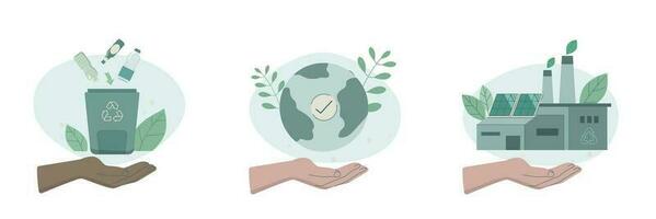 eco vriendelijk duurzaam, reeks van zorgzaam tekens handen Holding aarde, recycling verspilling en groen fabriek, behoud van ecologie van planeet, vector