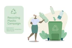 eco vriendelijk duurzaam, recycling plastic campagne, tekens Gooi plastic flessen in de recycling bak, recyclen, verminderen, hergebruik, vector ontwerp illustratie.