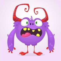 schattig tekenfilm monster. vector harig paars monster karakter met klein poten en groot hoorns. halloween ontwerp