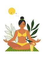 jong vrouw in zwempak zittend in yoga lotus positie en mediteren in zomer geïsoleerd Aan wit achtergrond. vrij geest concept, vrouw mentaal Gezondheid, positief verstand. vector. vector