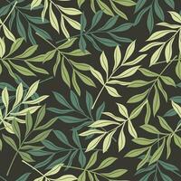 takken met lang bladeren van groen tinten Aan een donker achtergrond creëren een mooi naadloos patroon voor mode textiel, modern stoffen. vector. vector