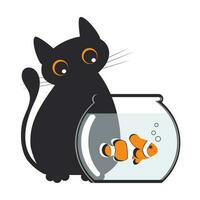 grappig schattig zwart dik kat is aan het kijken Aan een clown vis in een aquarium geïsoleerd Aan een wit achtergrond. vector. vector