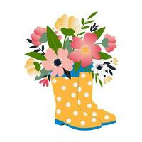 bloemen in rubber laarzen. modern illustratie ontwerp voor voorjaar ansichtkaarten. boeket van mooi bloemen en bladeren in geel rubber laarzen met erwten Aan een wit achtergrond. vector. vector