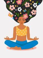 de concept van een vrij verstand, een positief verstand, een bloeiend brein. jong mooi vrouw met lang haar- zit in yoga lotus positie en mediteert. meisje met bloemen Aan haar hoofd in haar haar. vector. vector