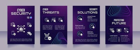 cyber veiligheid Purper premade brochure sjabloon. cyberveiligheid gevaren. informatie veiligheid boekje ontwerp met pictogrammen, kopiëren ruimte. bewerkbare 4 indelingen vector